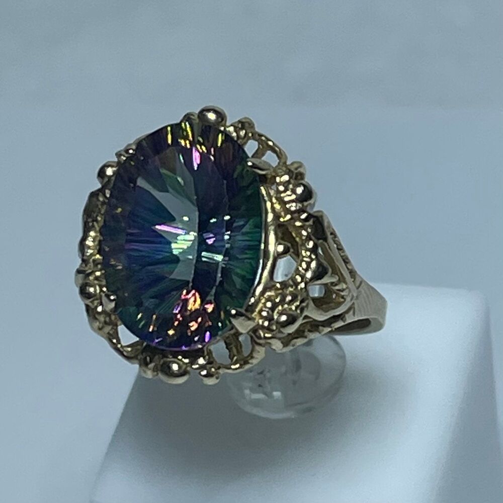 Mystic Topaz 7.5ct Concave Oval 14x10mm 14K Yellow Gold Statement Ring